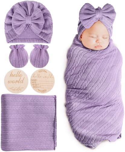 AQOKKA Newborn Receiving Blanket Wheat Ear Bow Hat Mitten Set | 4 Set Receiving by AQOKKA