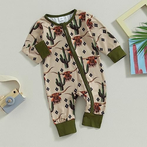 Western Baby Cowboy Clothes Neutral Zipped Fall Romper Outfit - Image 3