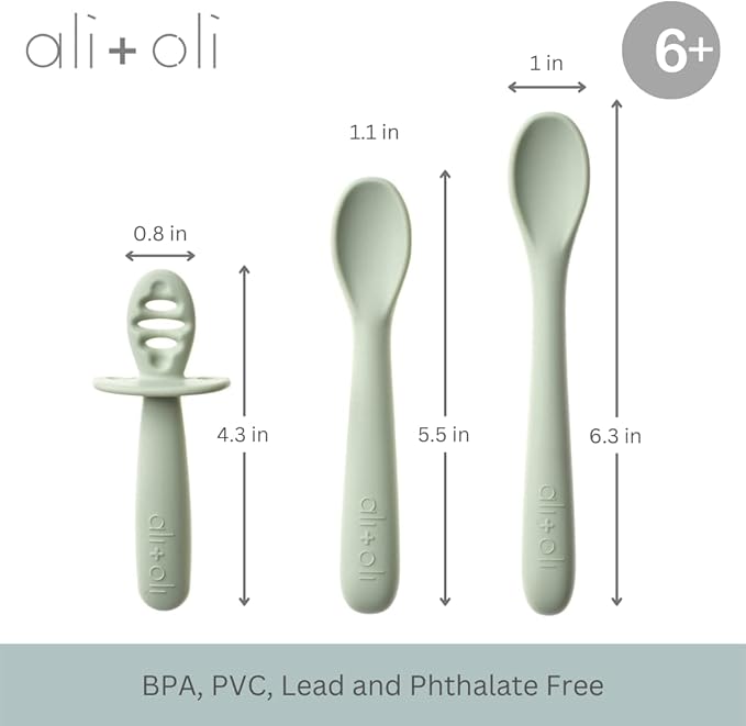 Ali+Oli (3pc) Silicone Spoon Set for Baby (Pine) Unbreakable Baby Spoons, Self Feeding Utensils, Multi-stage Design, Ergonomic Handle