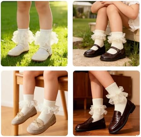 Girls Ruffle Socks Double Lace Turn Cuff Frilly Church Dress Socks - Image 6