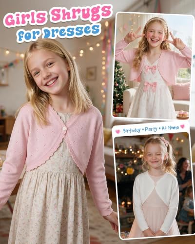Girls Cardigan, Girls Bolero Shrug Sweater, Kids Knit Hollow Out Long Sleeve - Image 2