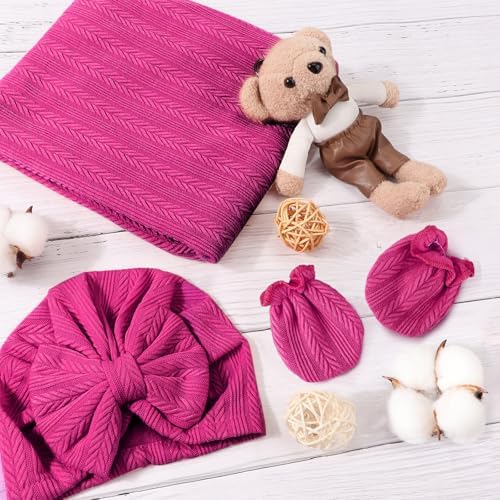 AQOKKA Newborn Receiving Blanket Wheat Ear Bow Hat Mitten Set | 4 Set Receiving - Image 3