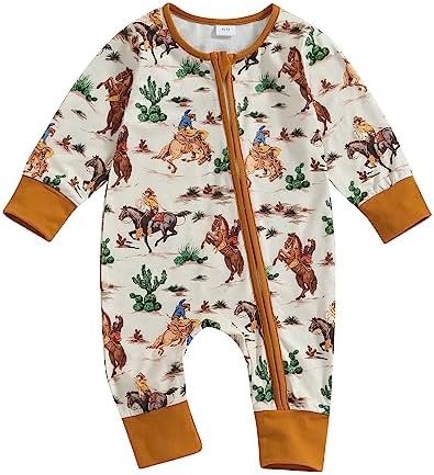Western Baby Cowboy Clothes Neutral Zipped Fall Romper Outfit by SAYOO-Alljustforkids