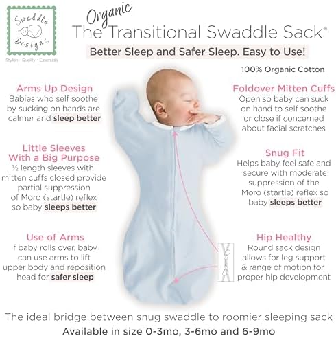 SwaddleDesigns Organic Transitional Swaddle Sack, Arms Up Half-Length Sleeves & - Image 2