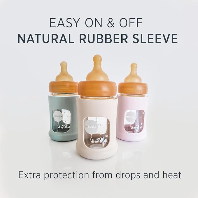 HEVEA Plastic-Free Wide Neck Glass Baby Bottle with Powder Pink Sleeve - Slow Flow Anti Colic Baby Bottles Newborn 0+ Months - BPA-Free, Single-Pack (5 Oz)