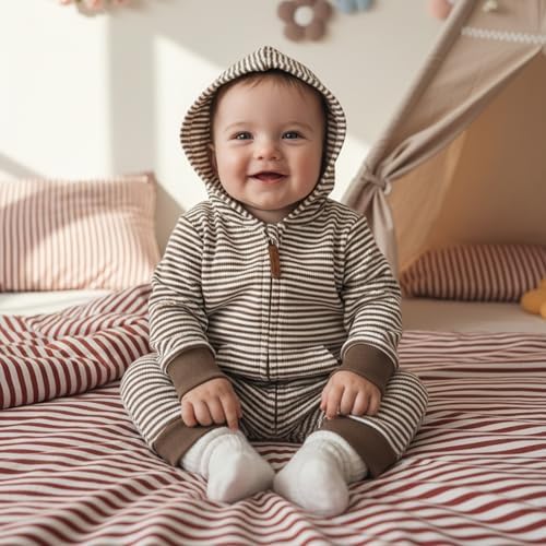 Newborn Infant Baby Boy Clothes Striped Waffle Knit Long Sleeve Zipper Hooded - Image 2