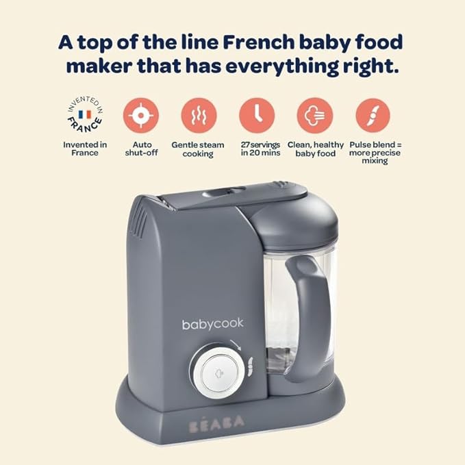 BEABA Babycook Solo 4 in 1 Baby Food Maker, Baby Food Processor Baby Food Steamer, Lrg Capacity 4.5 Cups 27 Servings in 20 Mins, Auto Steam Cooking, Puree Blender, Charcoal