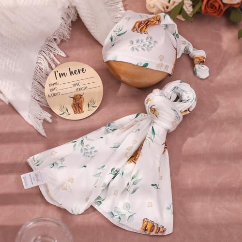Ylsteed Baby Highland Cow Swaddle Blanket and Headband Set, Newborn Receiving - Image 2