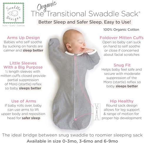 SwaddleDesigns Organic Transitional Swaddle Sack, Arms Up Half-Length Sleeves & - Image 2