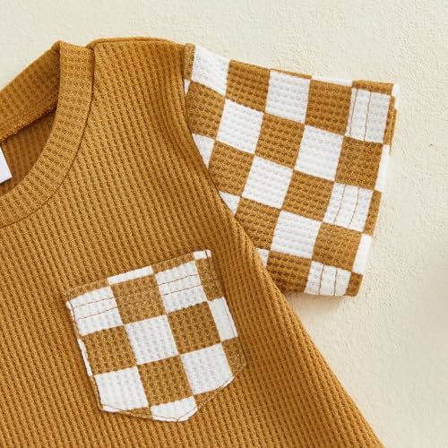 Newborn Baby Boy Girl Clothes Checkered Plaid Romper Waffle Knit Short Sleeve - Image 6