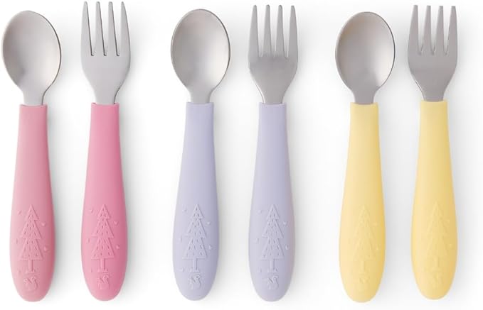 Elk and Friends Kids Silverware with Silicone Handle | Childrens Safe Flatware | Toddler Utensils | Baby Spoons + Forks | Stainless Steel Cutlery