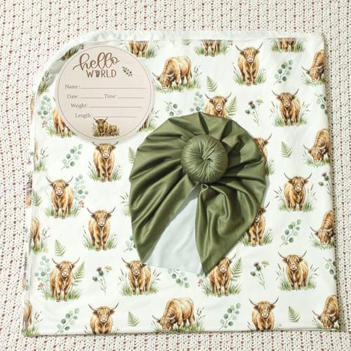 Ylsteed Baby Highland Cow Swaddle Blanket and Headband Set, Newborn Receiving - Image 3