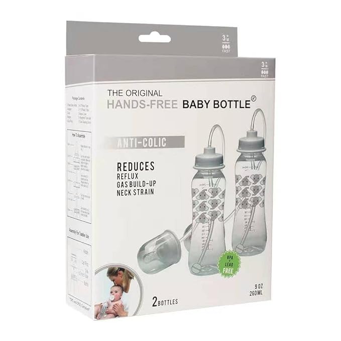 Hands-Free Baby Bottle - Anti-Colic Nursing System 9 oz Baby Bottle with Fast Flow Nipple/Teat 3m+ Infant with Tube Straw Feeding System for Toddler (2 Bottles - Elephant)