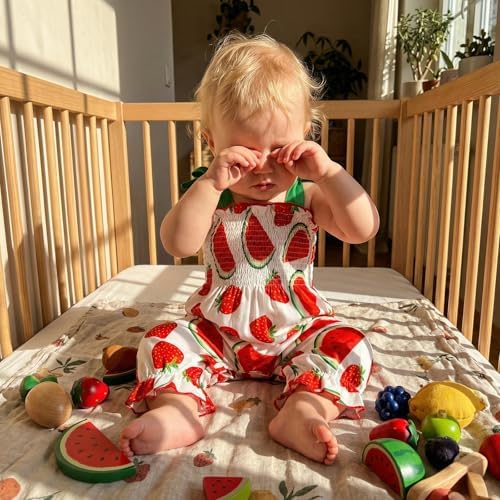 Baby Girl Watermelon Outfit Sleeveless Bubble Romper Strawberry Print Smocked - Image 2