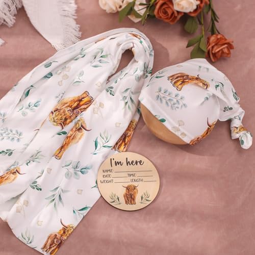 Ylsteed Baby Highland Cow Swaddle Blanket and Headband Set, Newborn Receiving - Image 3