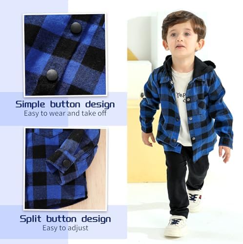 YOUNGER STAR Toddler Kids Boys Girls Flannel Hooded Plaid Shirt Button Baby Red - Image 6