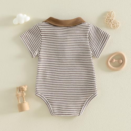 VISGOGO Baby Boy Striped Romper Waffle Short Sleeve Button Oversized Bodysuit - Image 6