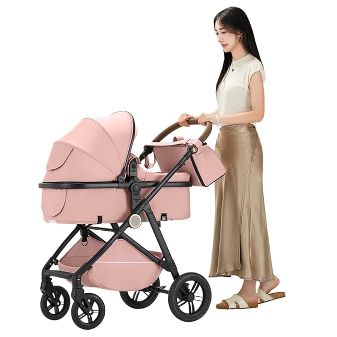 2 in 1 Baby Stroller, High Landscape Infant Stroller Pram Foldable Pushchair with Adjustable Canopy, Storage Basket, Suspension Wheels,5-Point Harness,Mom Bags (Black)