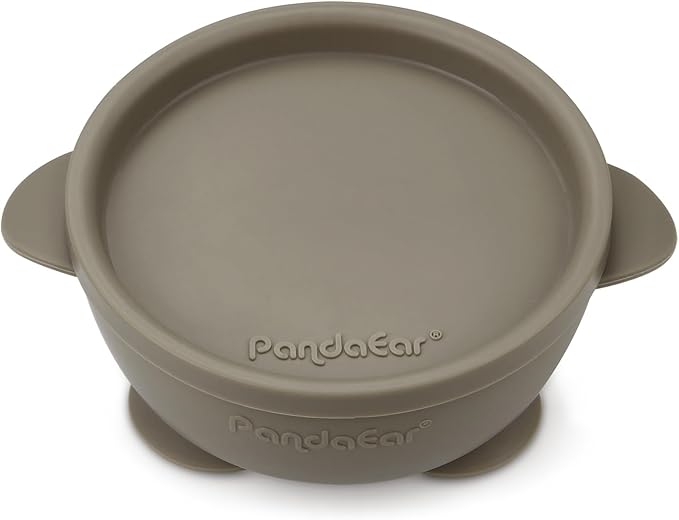 PandaEar 3 Pack Baby Suction Bowls with Lids| Leak-Proof Stay Put Silicone Food Bowl for Babies Kids Toddlers Infants| Food Grade Soft Safe BPA-Free Silicone (Blue Brown Tan)