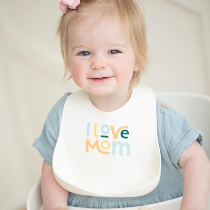 Bella Tunno Baby Bib for Eating, Waterproof Silicone Bib with Large Food Catcher, Adjustable Fit for Babies 4-12 months & Toddlers 1-3 Years, Boys & Girls, I Love Mom