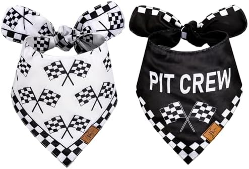 JarThenaAMCS 2Pcs Race Car Pit Crew Dog Bandana Black White Race Checkered Flag by JarThenaAMCS