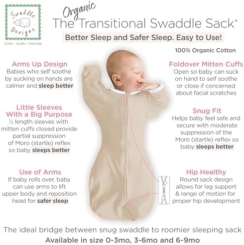 SwaddleDesigns Organic Transitional Swaddle Sack, Arms Up Half-Length Sleeves & - Image 2