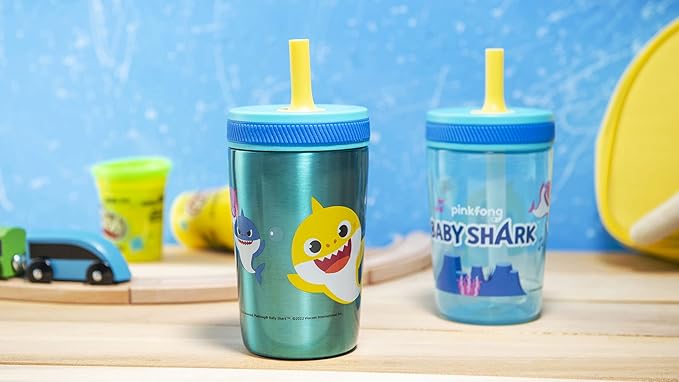 Zak Designs Baby Shark Kelso Tumbler Set, Leak-Proof Screw-On Lid with Straw, Bundle for Kids Includes Plastic and Stainless Steel Cups with Bonus Sipper (3pc Set, Non-BPA) (Pack of 12)