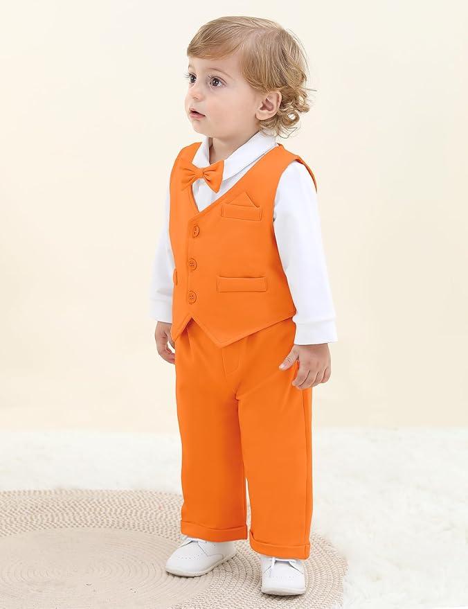 A&J DESIGN Baby Boy Suits Clothes Infant Toddler Formal Gentleman Outfits, Dress Shirt + Vest + Bow Tie + Pants Wedding Set