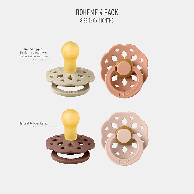 BIBS Boheme Soother 4-Pack | BPA Free Dummy Pacifier | Round Nipple | Natural Rubber Latex | Made in Denmark | Size 0-6 Months | Vanilla Mix