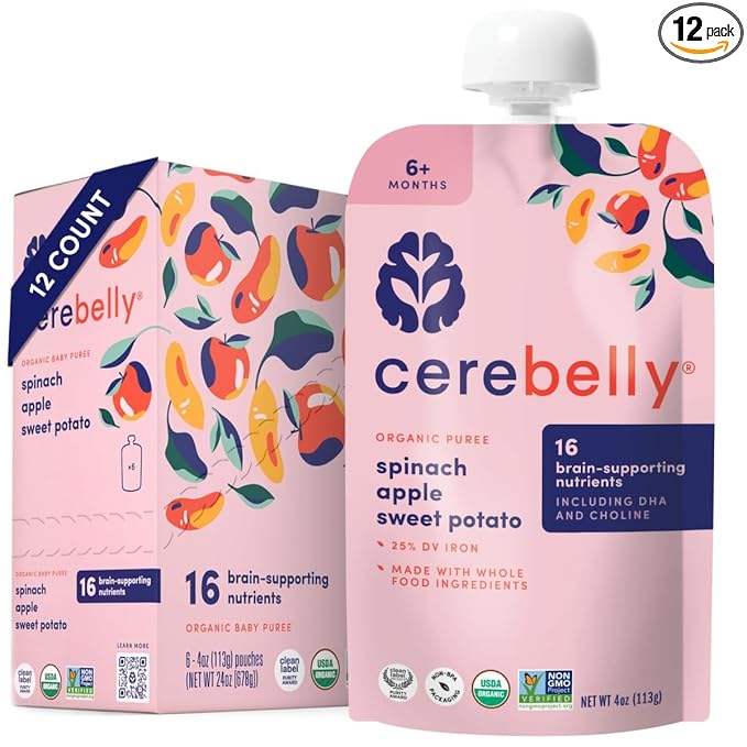 Cerebelly Organic Baby Food Pouches, Spinach Apple Sweet Potato Purees, 16 Nutrients, No Added Sugar, Fiber & Non-GMO, 4oz, 12 Pack