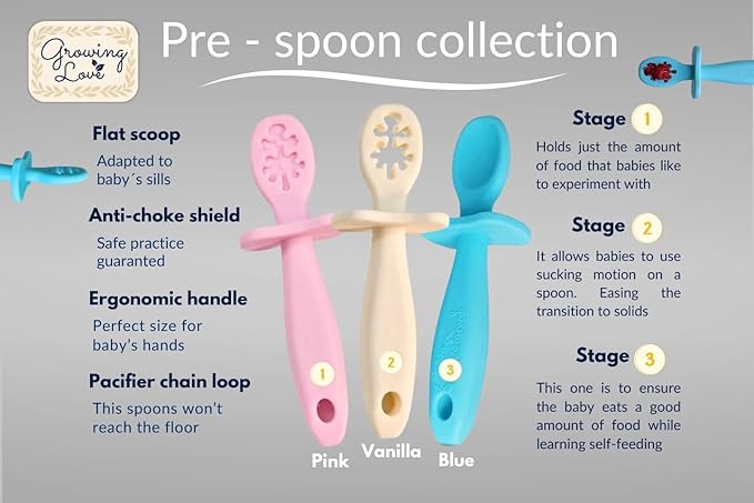 Growing Love Baby Spoons Set, Self Feeding 6 months, Pre-Spoon, Baby utensils, training spoon, cuchara bebe, blw, 100% silicone, Anti choke shield (vanilla)