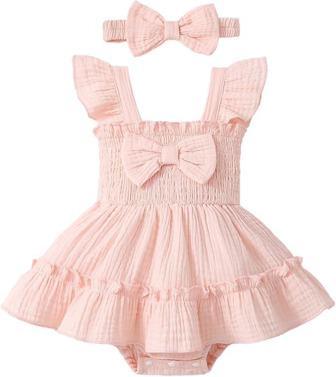 Baby Girl Smocked Romper Dress Ruffle Bow Summer Outfit by Megeoly