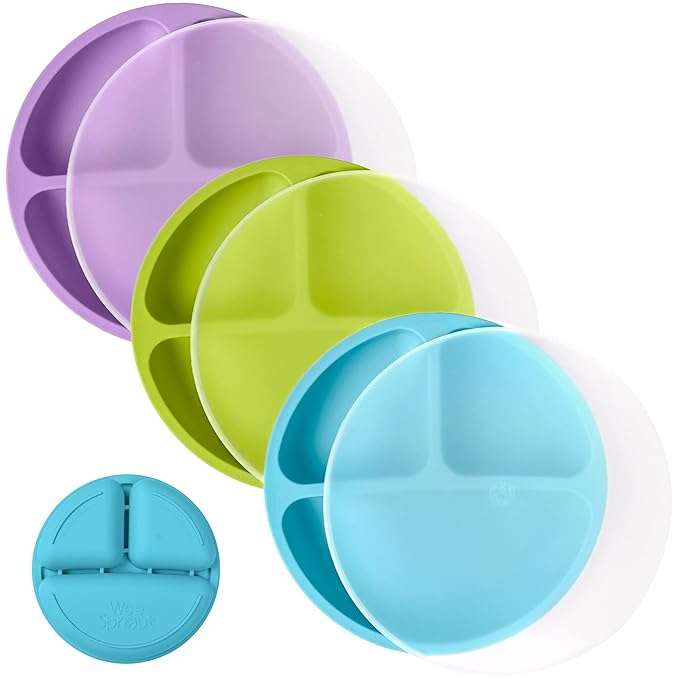 WeeSprout Silicone Plates with Lids for Babies & Toddlers (3 Pack) 100% Food-Grade Dishes for Self Feeding, Divided Design & Raised Edges for Picky Eaters, Dishwasher & Microwave Safe Weaning Supplies