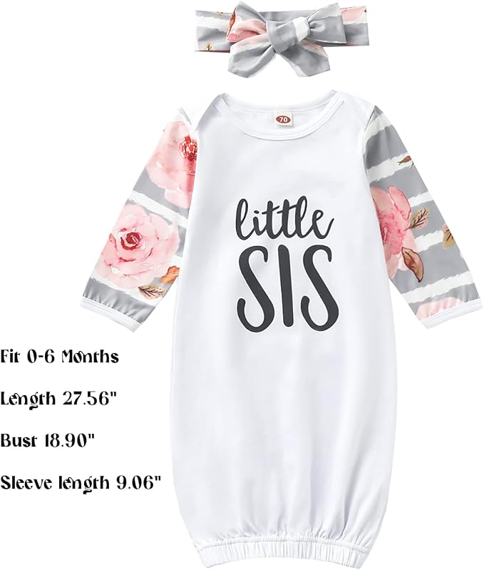 AMAWMW Newborn Baby Girl Little Sister Sleeper Gown Stripe Long Sleeve - Image 4