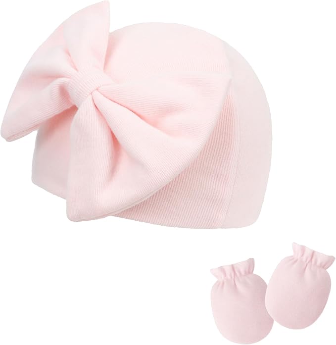 UTTPLL Newborn Beanies Cap No Scratch Mittens Set 0-6 Months Infant Bow Caps - Image 2