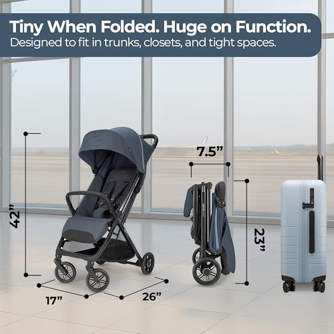 Inglesina Quid³ Stroller, Astral Blue - Compact Reclining Travel Stroller for Baby & Toddler 0-55 lbs, One Hand fold, Car seat Compatible, Airplane Overhead, Lightweight, Foldable, XL UPF 50+ Canopy