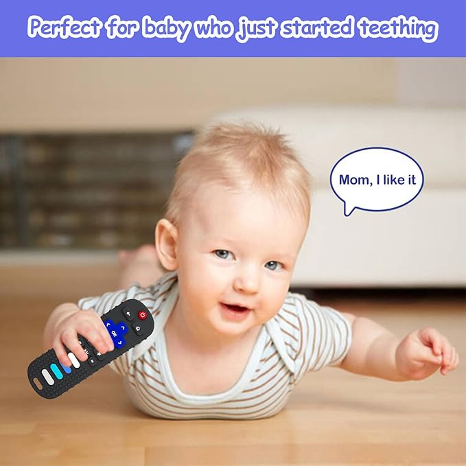 Baby Teething Toys, Food Grade Silicone Teether for Babies 3 6 12 18 Months, TV Remote Shape Toddlers Chew Toys, Freezer BPA Free (Black RC)