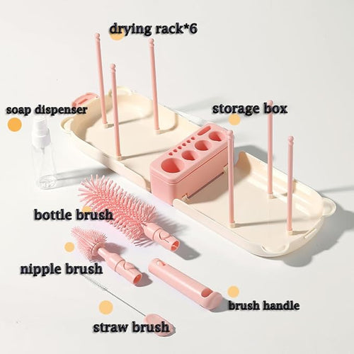 6 In1 Baby Bottle Brush Kit,Portable Silicone Bottle Brush Cleaner Set with Straw Brush,Nipple Brush,Drying Rack,Soap Dispenser,Storage Bag for Travel or Home (Pink)