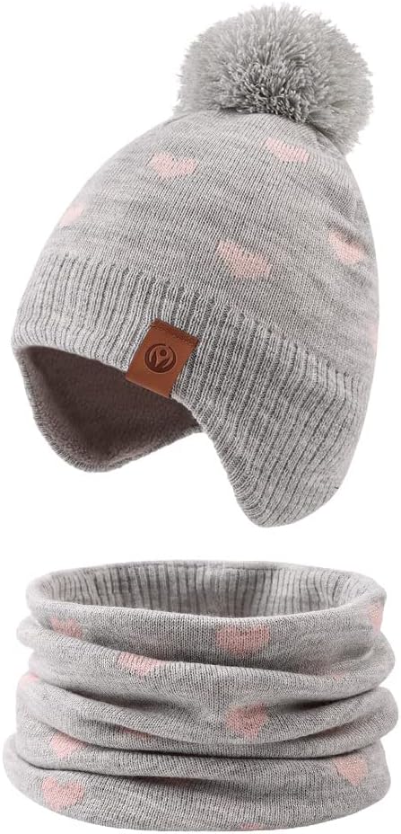 JANGANNSA Knitted Baby Hat Scarf Set Winter Warm Boys Girls Beanie Fleece Lining Toddler Kids Hats with Pompom