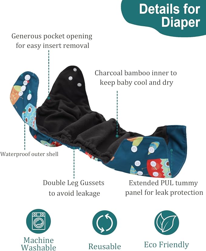 babygoal Reusable Charcoal Cloth Diapers with Double Gussets, 6 Pack Washable Baby Pocket Diapers with 6pcs Charcoal Inserts and Wet Dry Bag(Chick,Deer,Dinasaur)