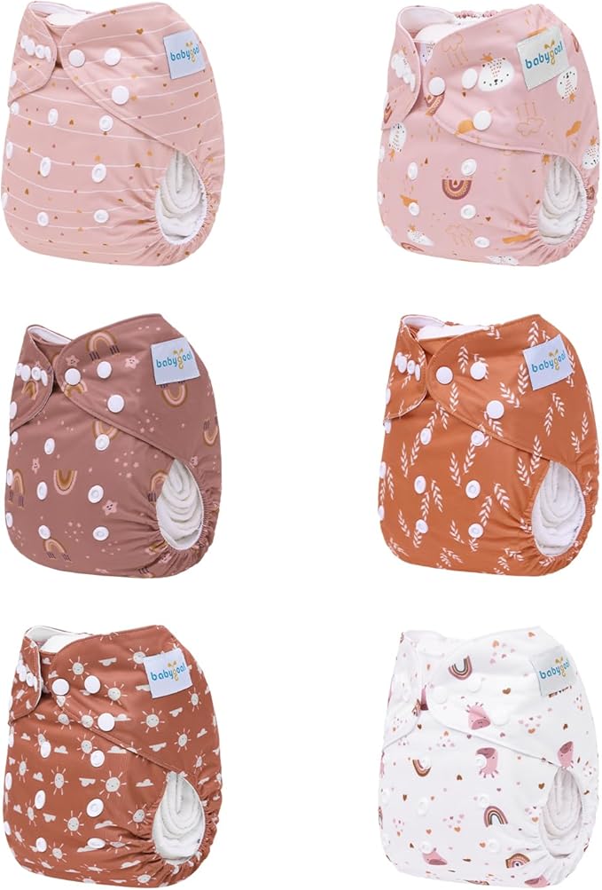 babygoal AWJ Cloth Diapers with Tummy Panel Pack of 13, 6 Diaper Cover with 6 Inserts and Wet Dry Bag, Adjustable Washable Reusable for Baby Girls and Boys