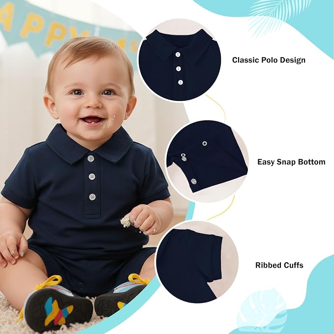 DEFAHN Baby Boy Polo Romper Short Sleeve Collared One-Piece Outfit 0-24M - Image 2