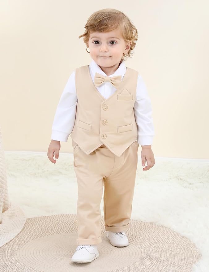 A&J DESIGN Baby Boy Suits Clothes Infant Toddler Formal Gentleman Outfits, Dress Shirt + Vest + Bow Tie + Pants Wedding Set