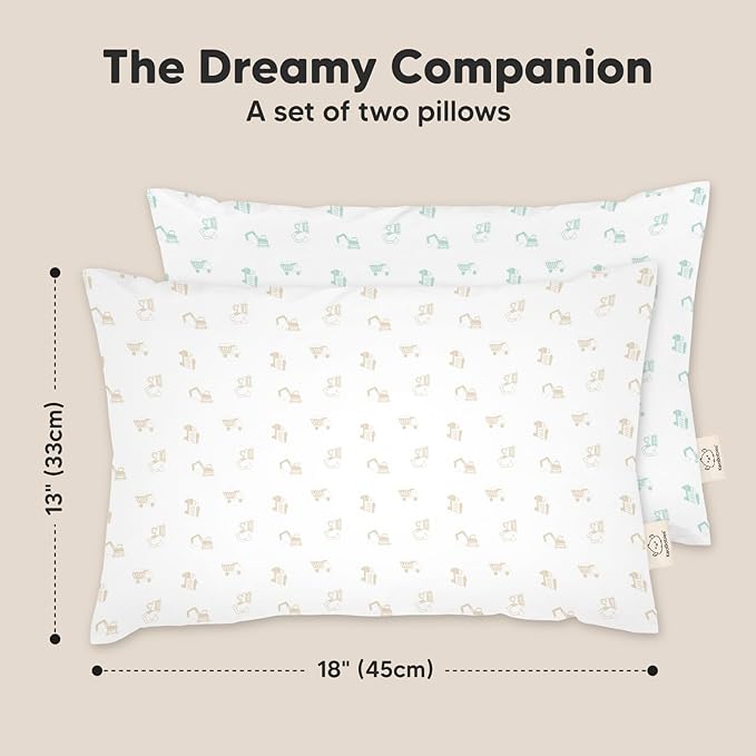 KeaBabies 2-Pack Toddler Pillow 13x18 - Soft Organic Cotton Kids Travel Bed Pillows for Sleeping, School, Nap, Machine Washable, Toddlers 2 to 5, Pillowcase Sold Separately (Excavator)