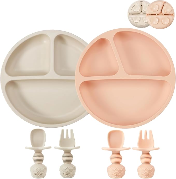 PandaEar 2 Pack Silicone Divided Suction Plates with 2 Spoons 2 Forks for Babies & Toddlers | Baby Led Weaning Supplies Self Feeding Eating Utensils | BPA-Free Silicone Baby Feeding Set -Pink & Linen