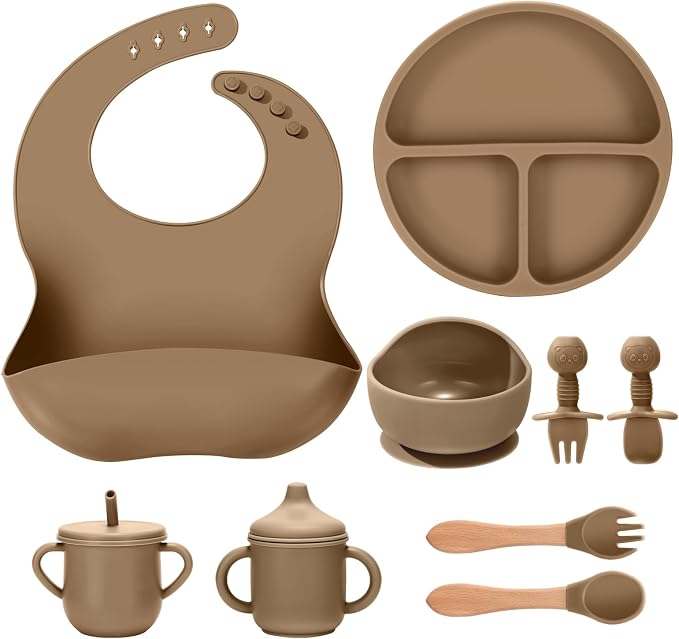 Silicone Baby Feeding Set 9 Pcs, Spill-Proof Suction Plate, Silicone spoon&forks by JELLDJKSiliconeBabyFeeding