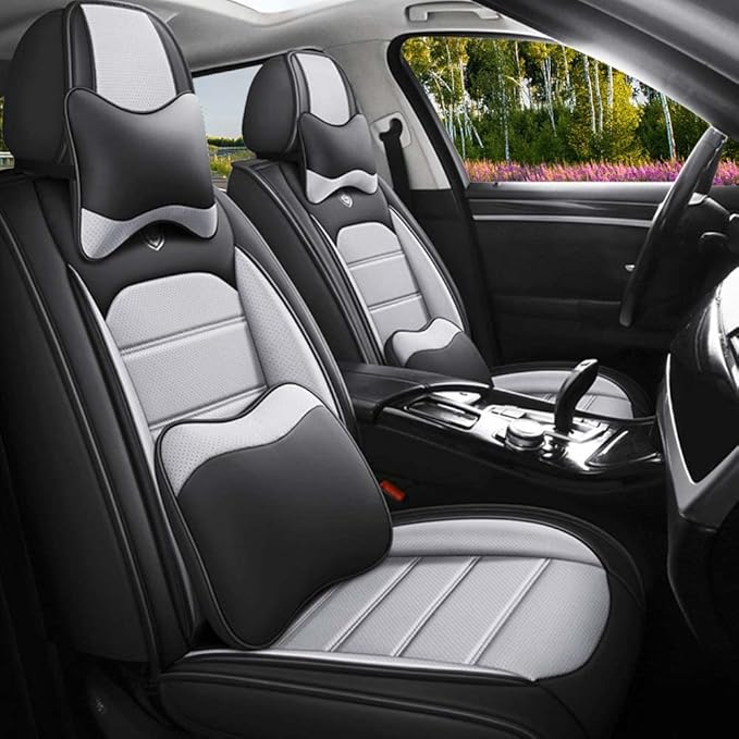 Leather Seat Cover for Ford Edge 2010-2026,Waterproof Soft Seat Covers,Interior Accessories Seat Covers Cushion Vehicle Protector Airbag Compatible(Black&Gray,Full Set with Pillow)