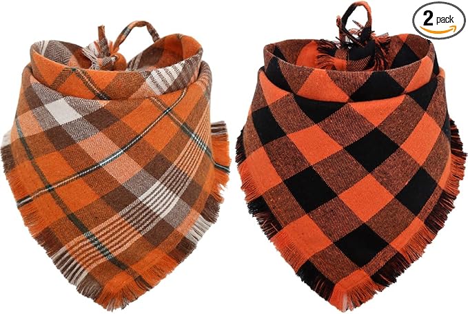 Fall Dog Bandana Autumn Thanksgiving Plaid Reversible Triangle Bibs Scarf by KZHAREEN