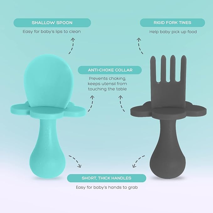 Grabease Silicone Baby Feeding Utensil Set - Self-Feeding Forks For Baby - Forks & Spoon, Ages 6-12 Months - Dishwasher-Safe Infant Spoon & Utensil - Teal & Gray, Pack of 2
