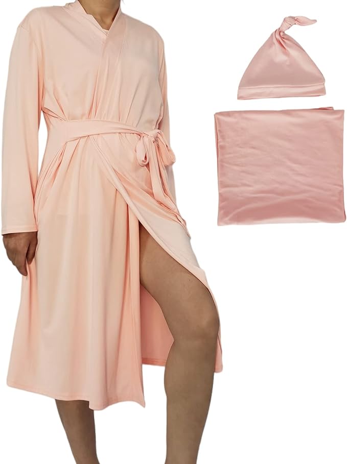 SUFEINI Maternity Robe and Matching Baby Swaddle Blanket Set, Mommy Robe by SUFEINI